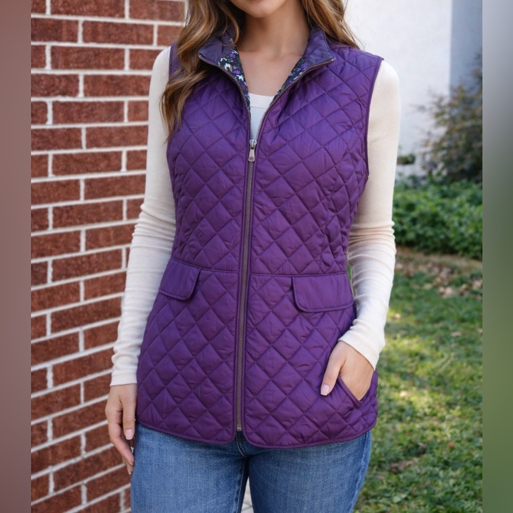 -Brooks Brothers Plum Purple Floral Quilted Reversible Vest HOST PICK Size Large